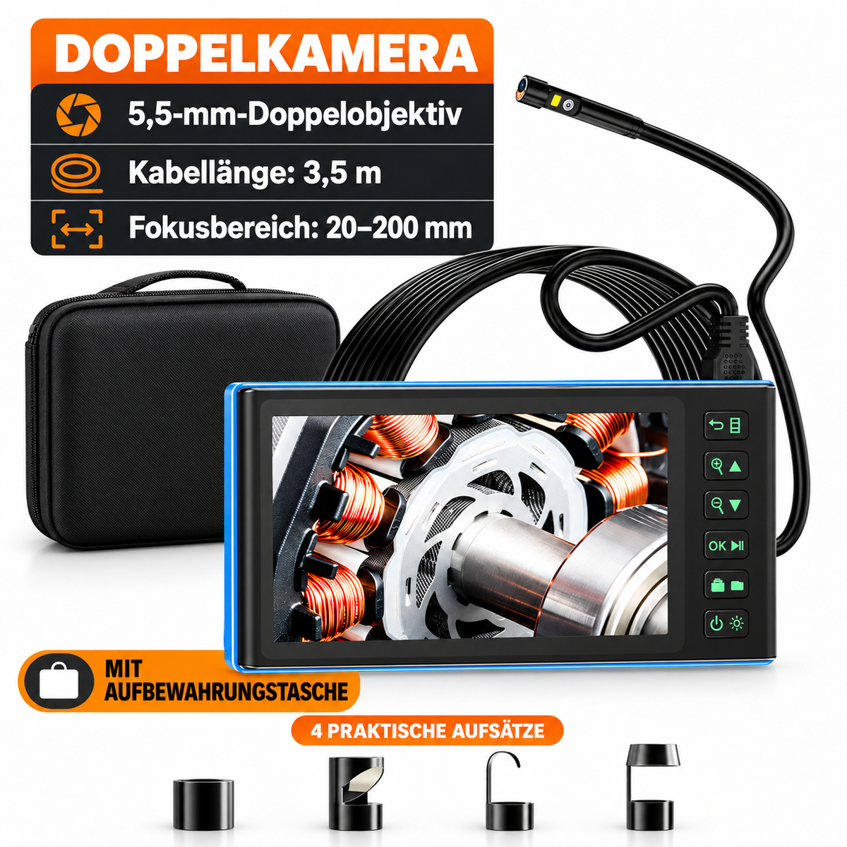 Endoskopkamera 1080P mit 7-Zoll-Display & Doppelobjektiv