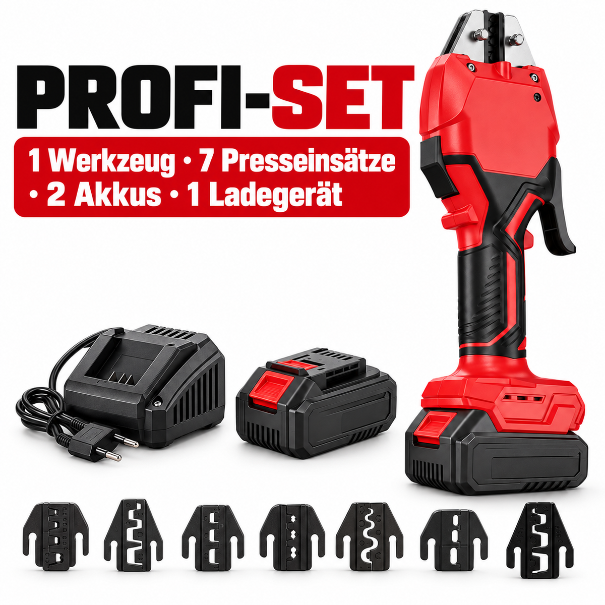 Akku-hydraulische Crimpzange – 7 Presseinsätze & 2 Akkus