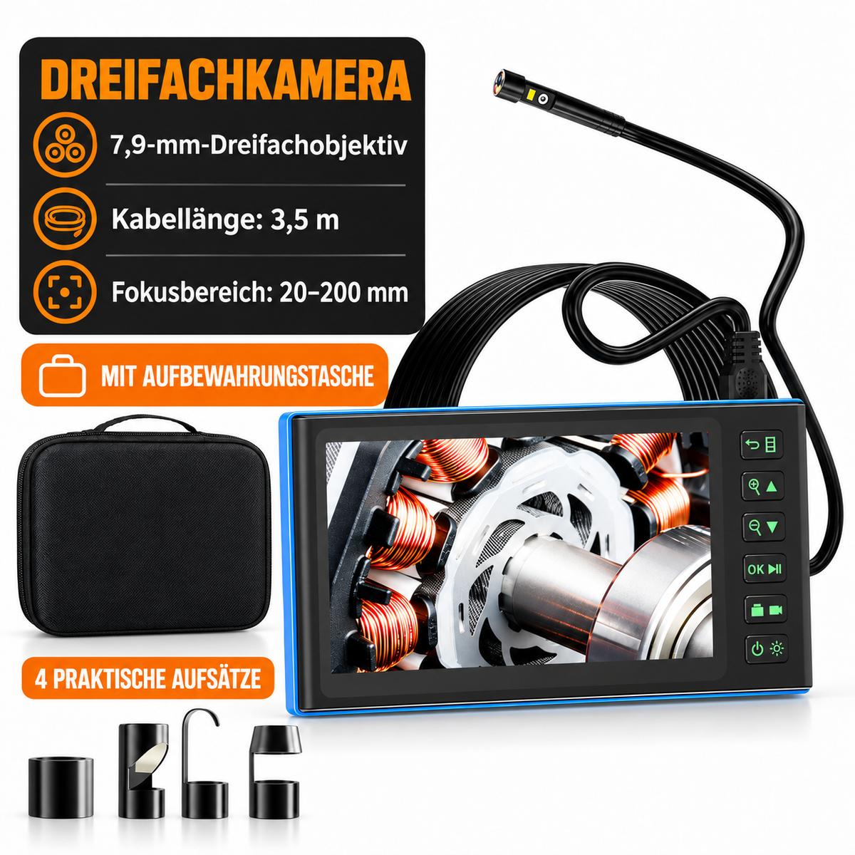Endoskopkamera 1080P mit 7-Zoll-Display & Doppelobjektiv